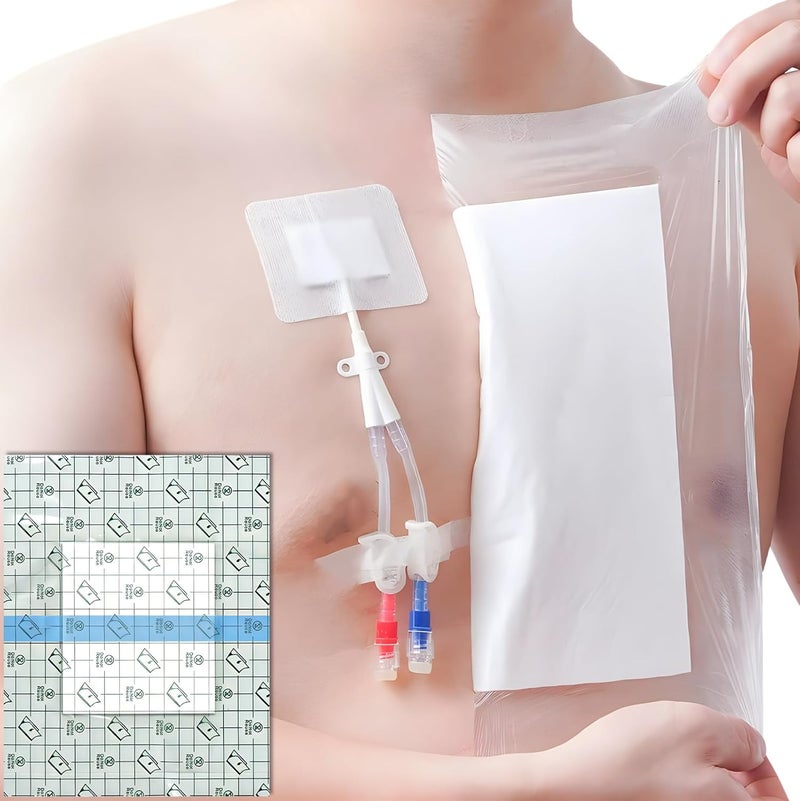 EaseToU 12"x13.7" Waterproof Dialysis Port Shower Covers Protector for Chest with No Glue On The Center, PICC Line Chest Port Shield Island Bandage Dressing Accessories, Pack of 7 - Image 1